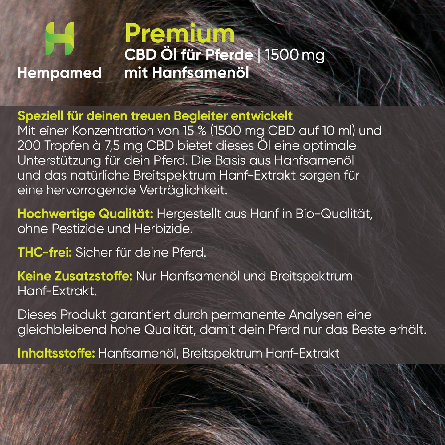 Infografik: Inhaltsstoffe der Hempamed Pferdetropfen mit Hanf, detaillierte Auflistung der Bestandteile.