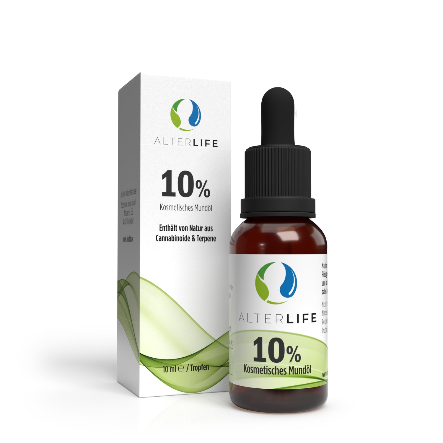 ALTERLIFE 10% CBD Öl (10ml) - Flasche neben der Verpackungsbox