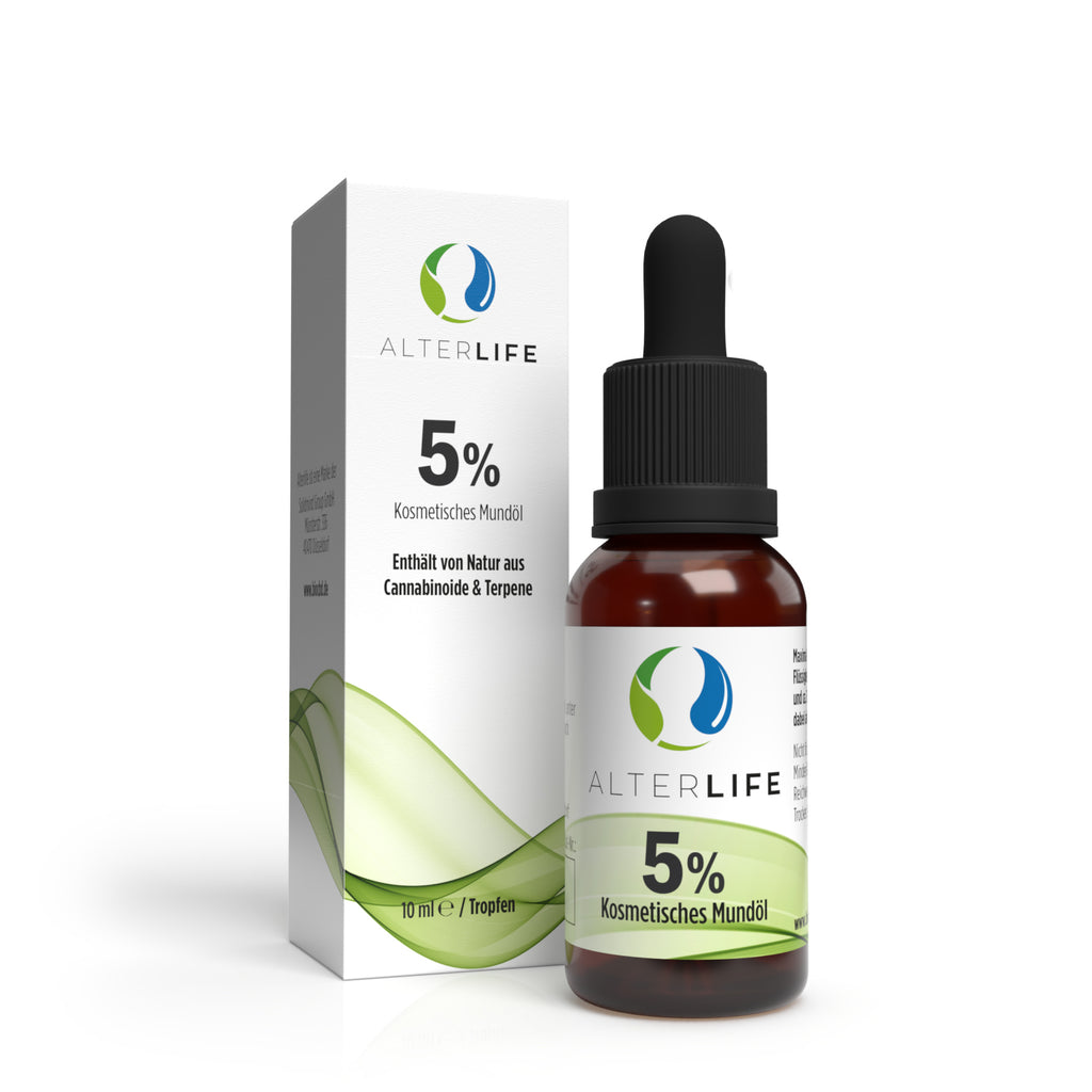 ALTERLIFE 5% CBD Öl (10ml) - Flasche neben der Verpackungsbox