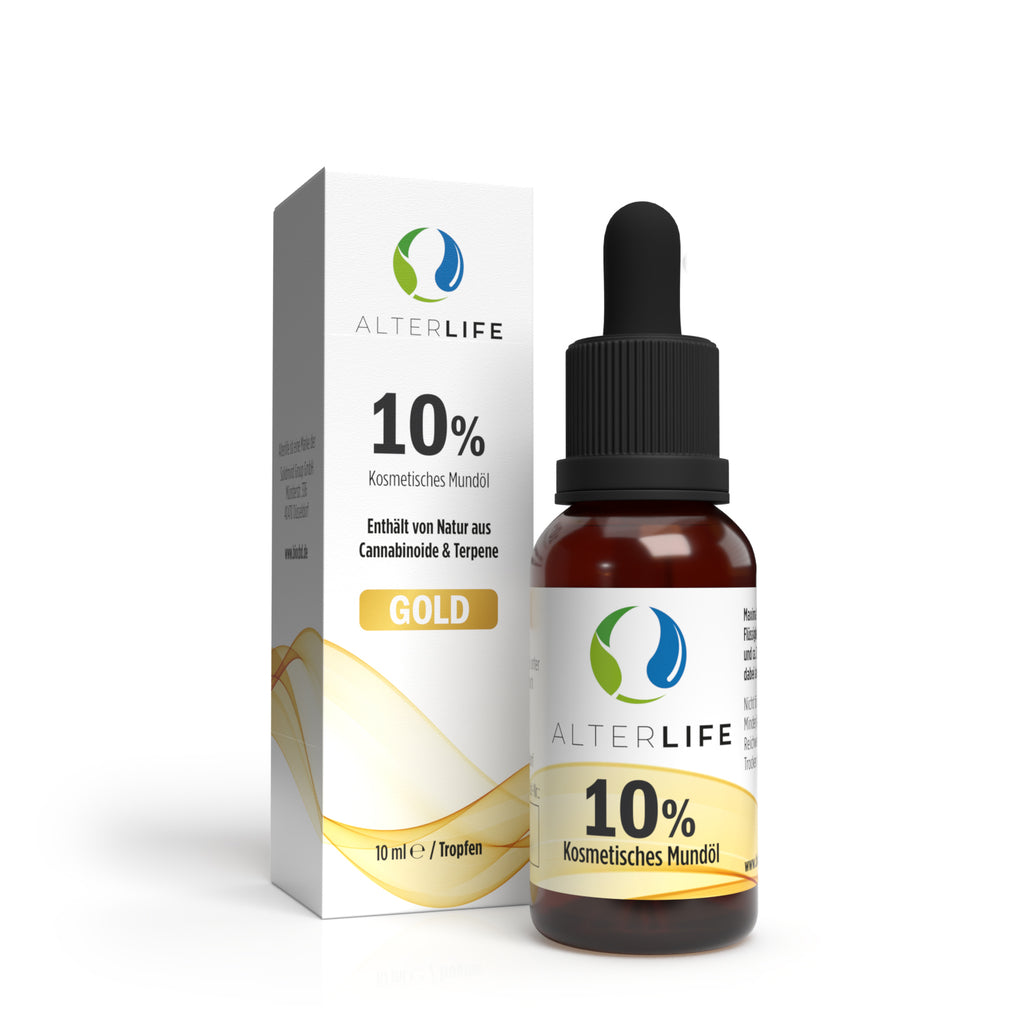 alterlife Gold 10 Öl 10ml - Flasche mit Pipette neben der Umverpackung