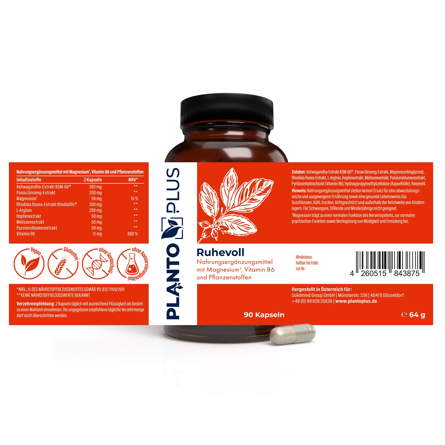 Etikett von PLANTOPLUS Ruhevoll – hochwertige Zutaten für natürliche Entspannung und Wohlbefinden