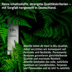 Informationsgrafik zum ALTERLIFE 10% CBD Öl mit Text auf grünem Blätterhintergrund