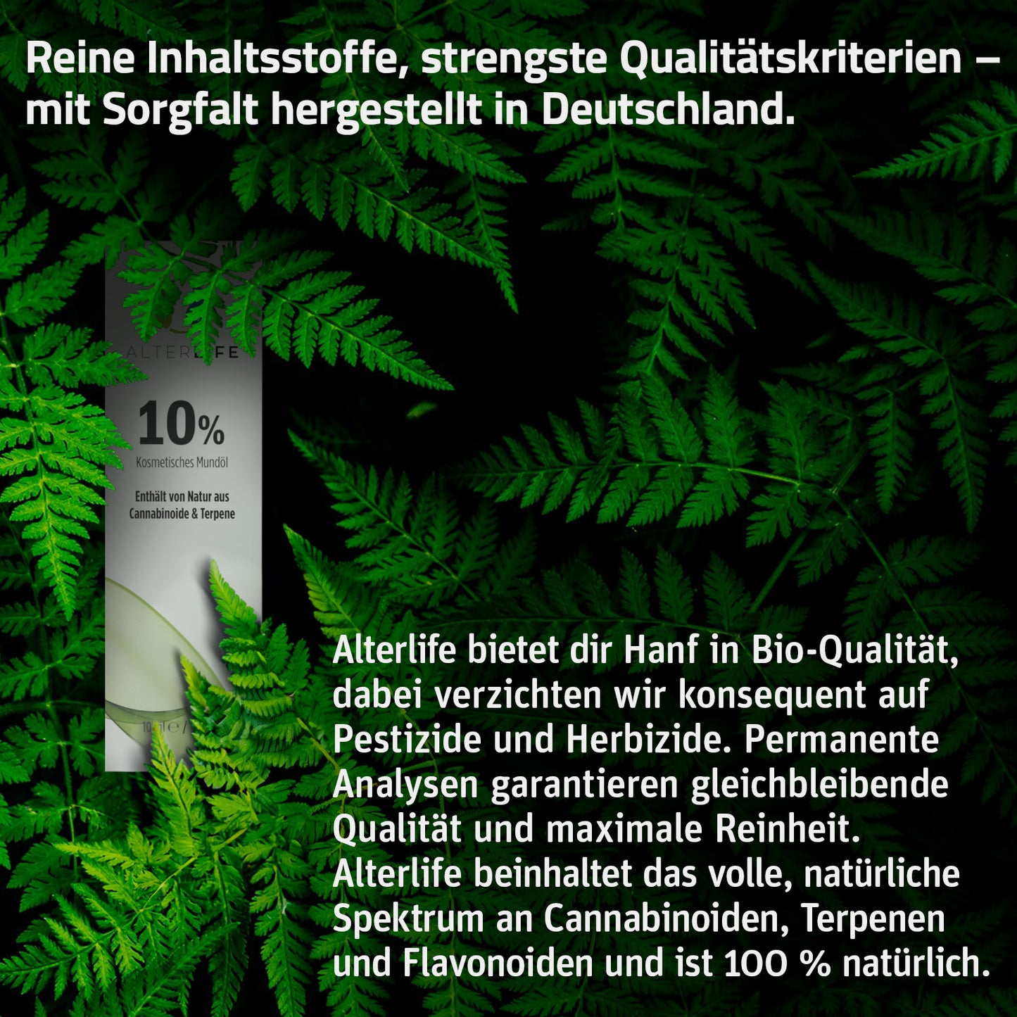 Informationsgrafik zum ALTERLIFE 10% CBD Öl mit Text auf grünem Blätterhintergrund