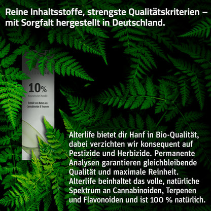 Informationsgrafik zum ALTERLIFE 10% CBD Öl mit Text auf grünem Blätterhintergrund