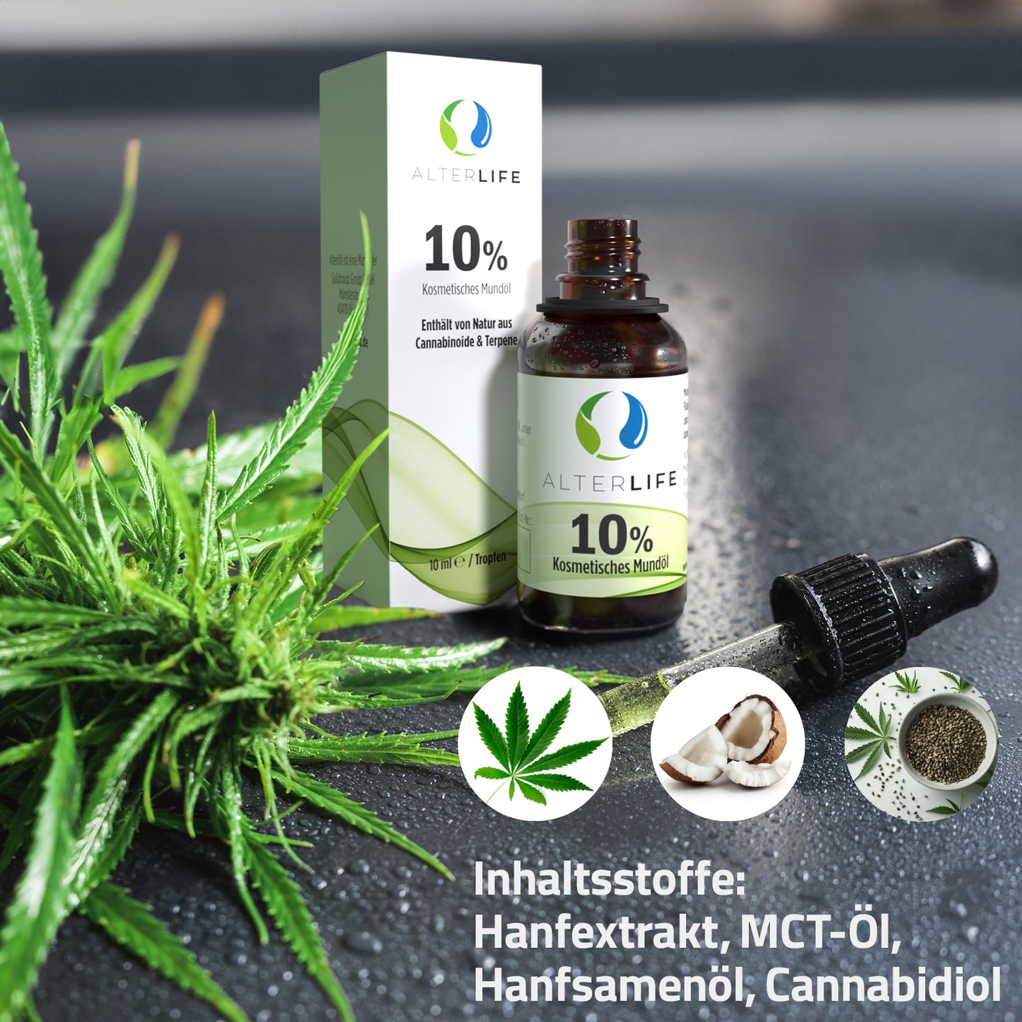 Infografik: Inhaltsstoffe und Zusammensetzung des ALTERLIFE 10% CBD Öls