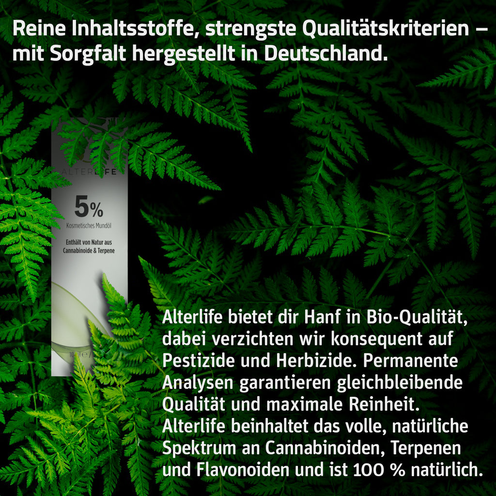 Informationsgrafik zum ALTERLIFE 5% CBD Öl mit Text auf grünem Blätterhintergrund