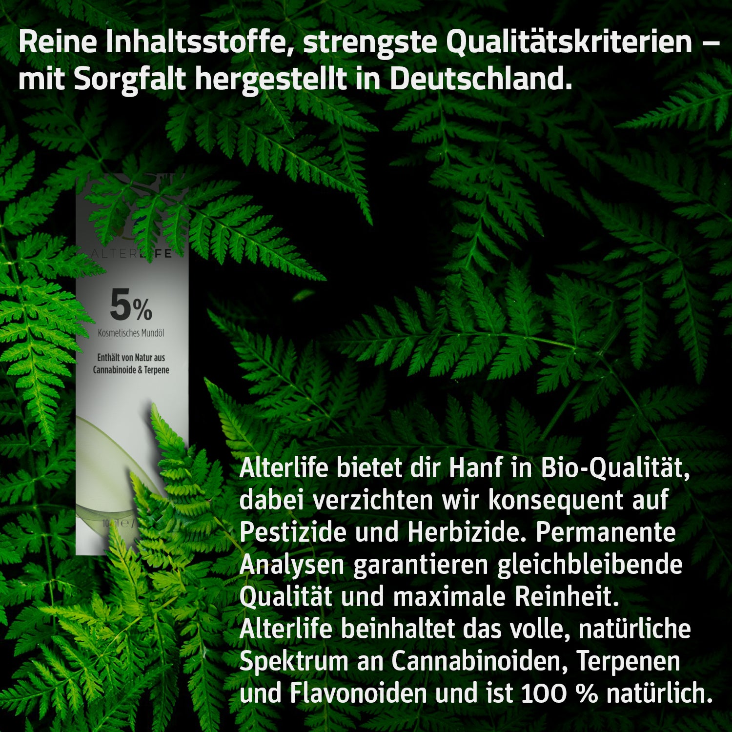 Informationsgrafik zum ALTERLIFE 5% CBD Öl mit Text auf grünem Blätterhintergrund
