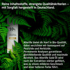 Informationsgrafik zum ALTERLIFE Gold CBD Öl mit Text auf grünem Blätterhintergrund