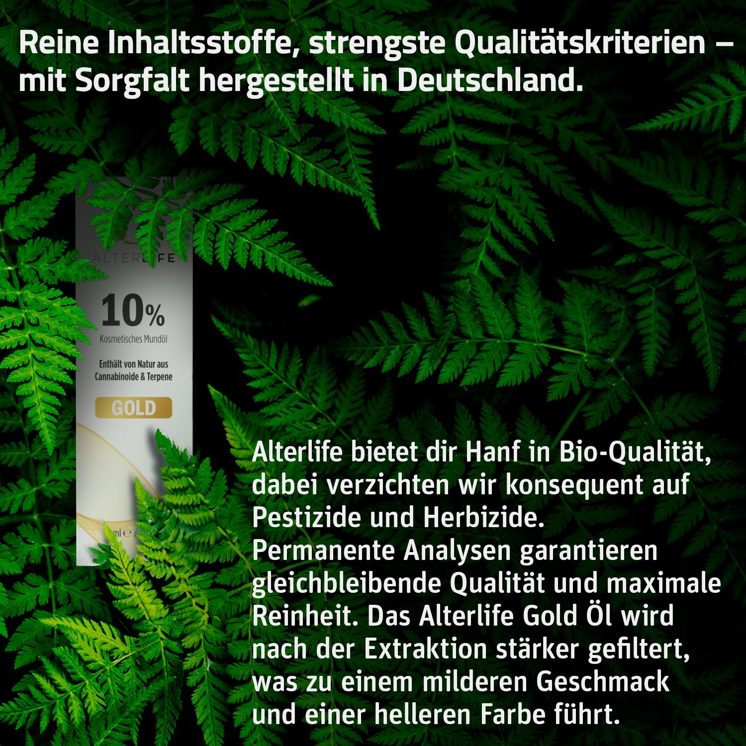 Informationsgrafik zum ALTERLIFE Gold CBD Öl mit Text auf grünem Blätterhintergrund