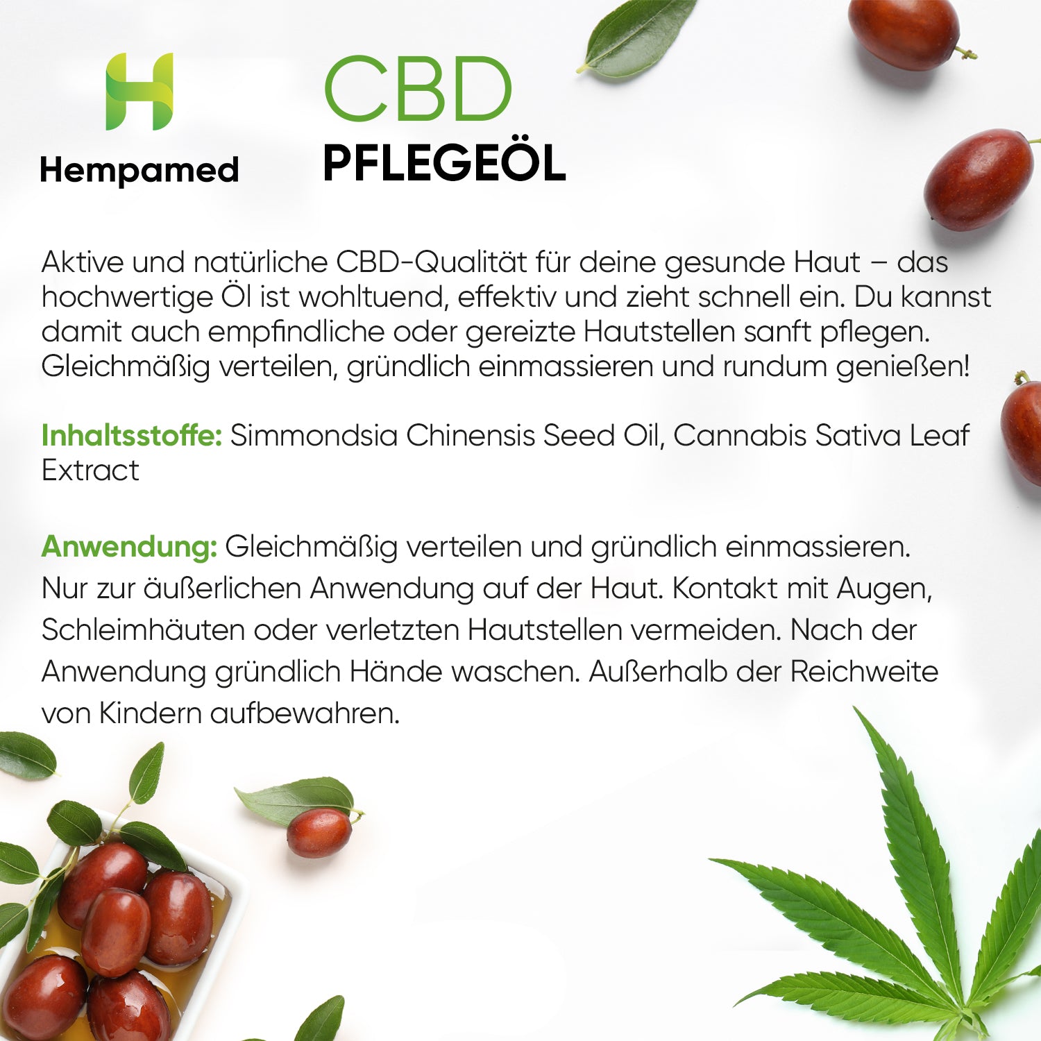 Infografik: Inhaltsstoffe des Hempamed CBD Pflegeöls, detaillierte Produktinformationen.