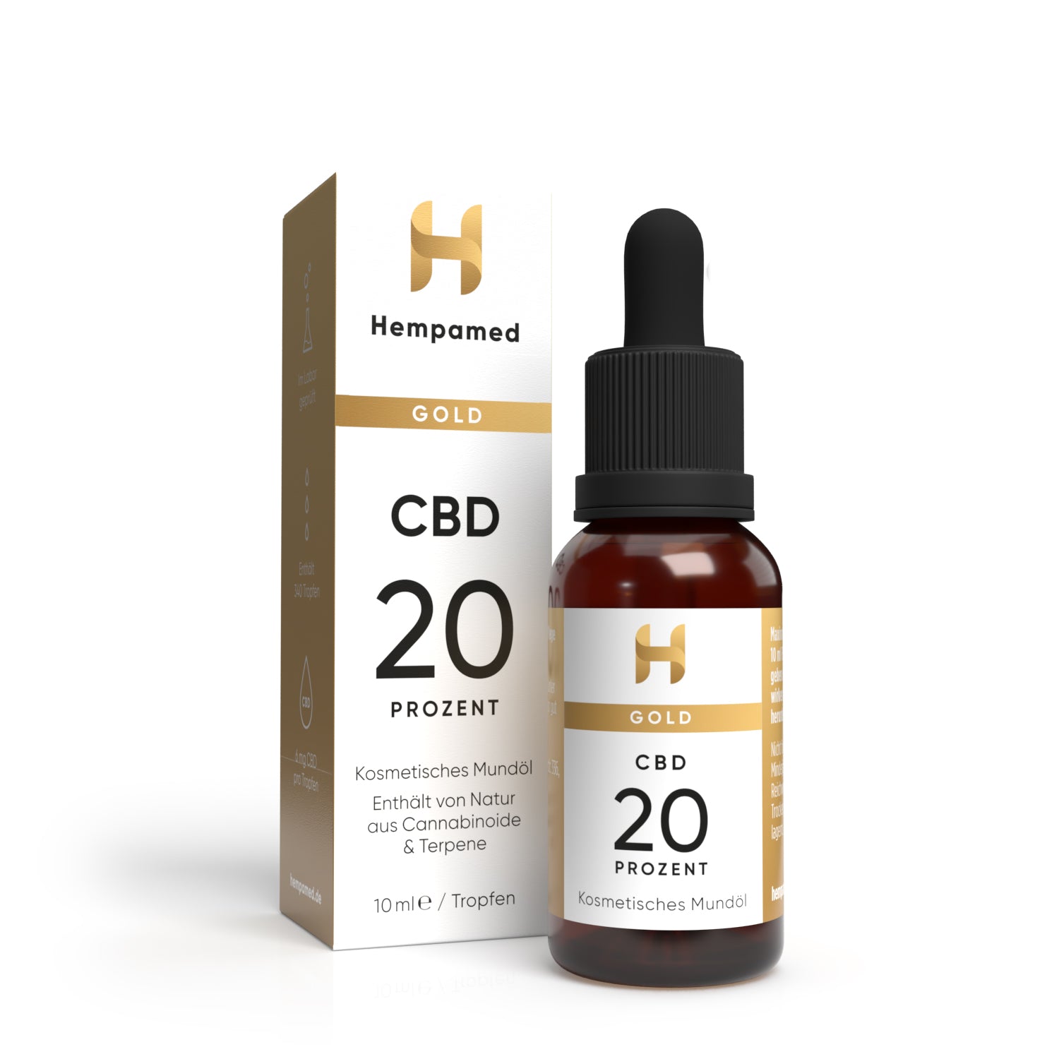Verpackung: Hempamed Gold CBD Öl 20%, Produktbox und Flasche im Fokus.