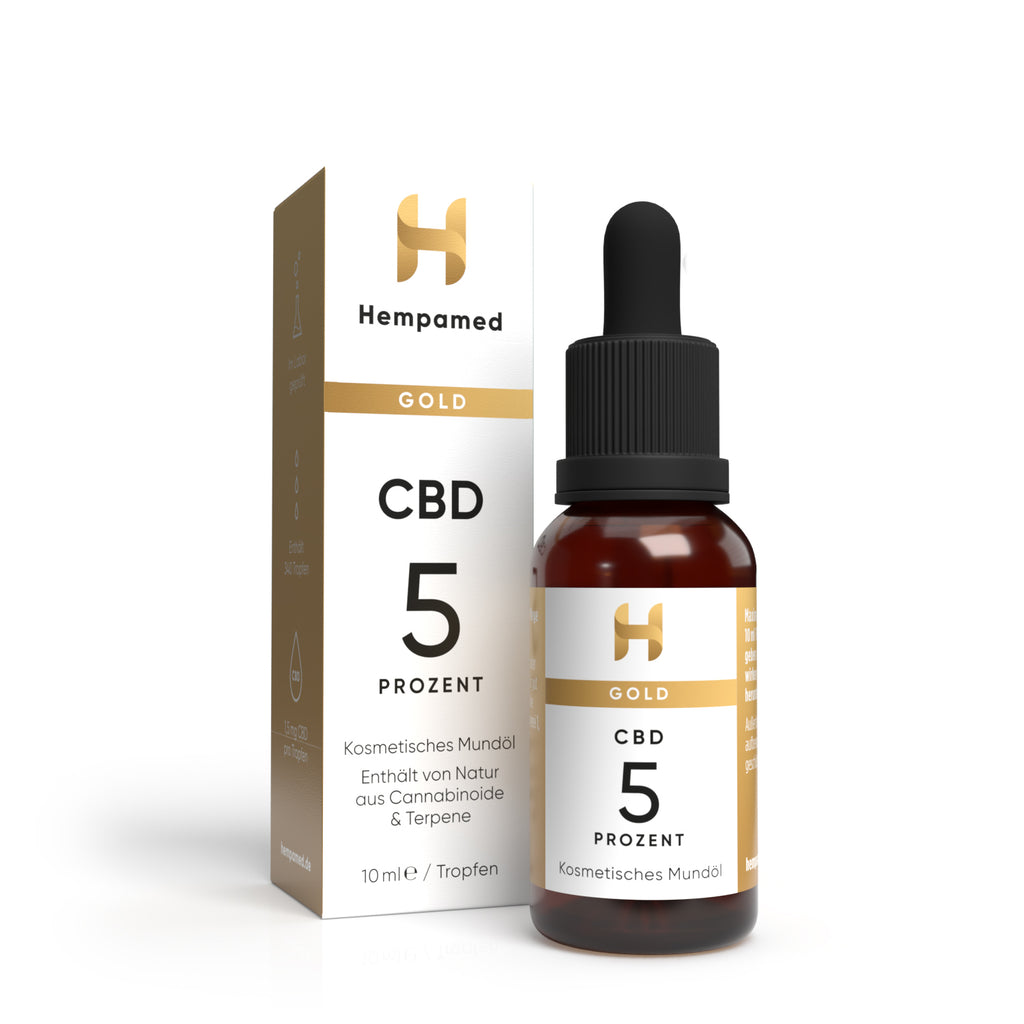 Verpackung: Hempamed Gold CBD Öl 5%, Produktbox und Flasche im Detail.