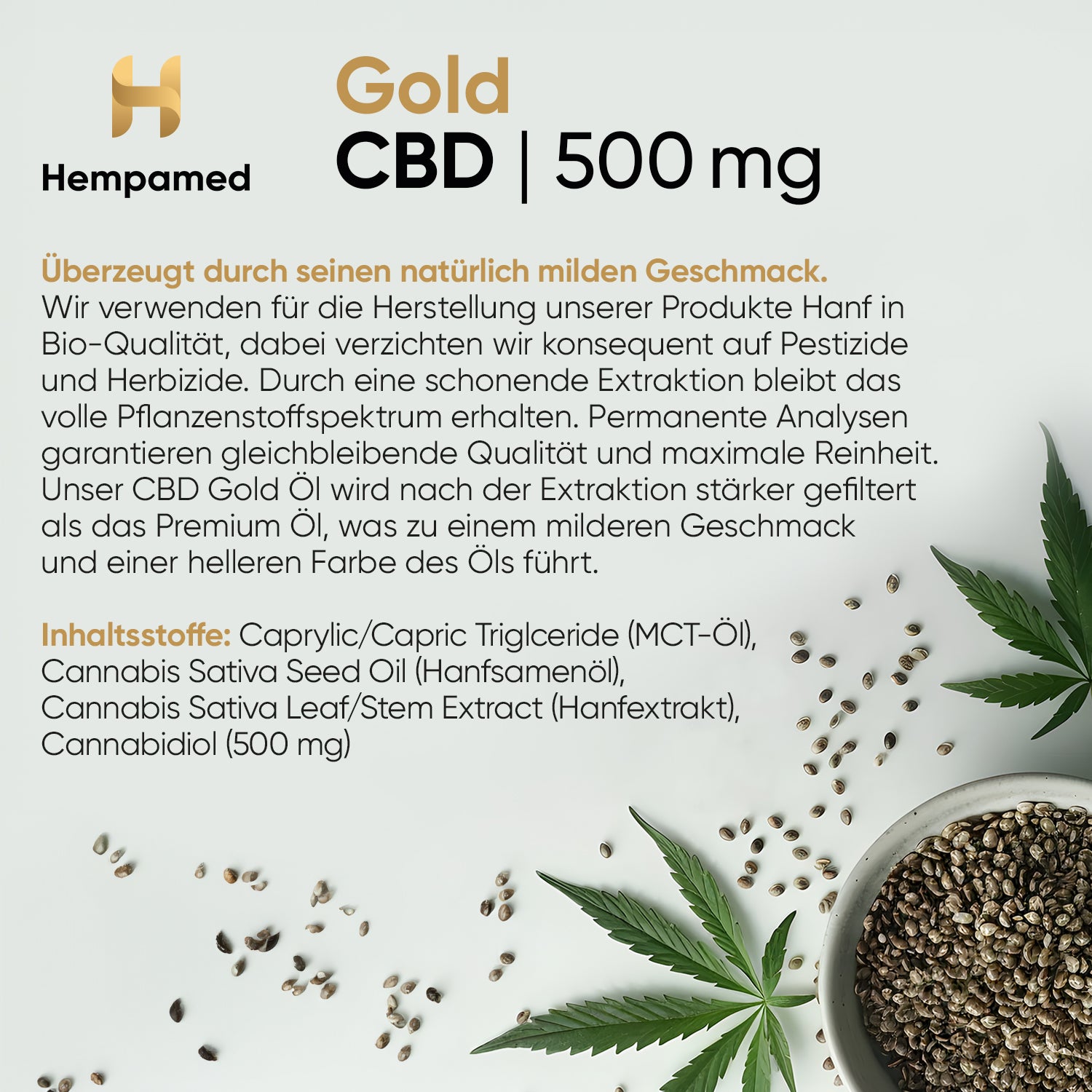Infografik: Inhaltsstoffe des Hempamed Gold CBD Öls 5%, Zusammensetzung im Detail.