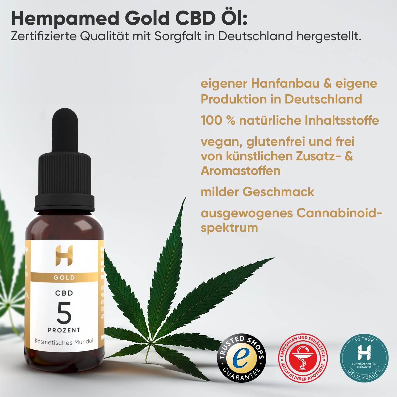 Grafik: Vorteile des Hempamed Gold CBD Öls 5%, Übersicht der positiven Eigenschaften.