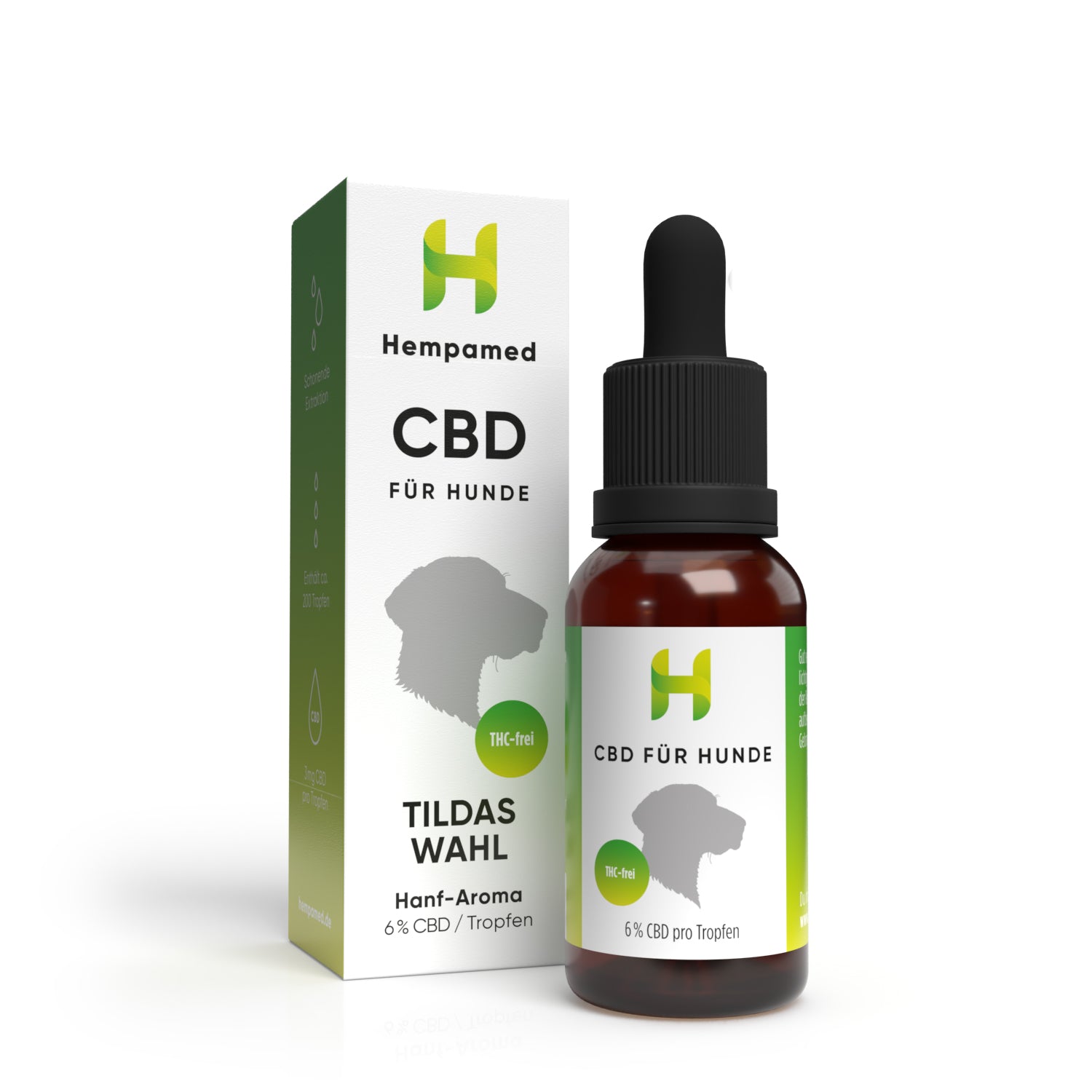 Verpackung: Hempamed CBD Öl für Hunde mit Hanf, Produktbox und Flasche im Detail.