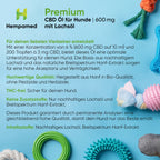 Infografik: Inhaltsstoffe Hempamed CBD Öl für Hunde mit Lachs, detaillierte Produktzusammensetzung.