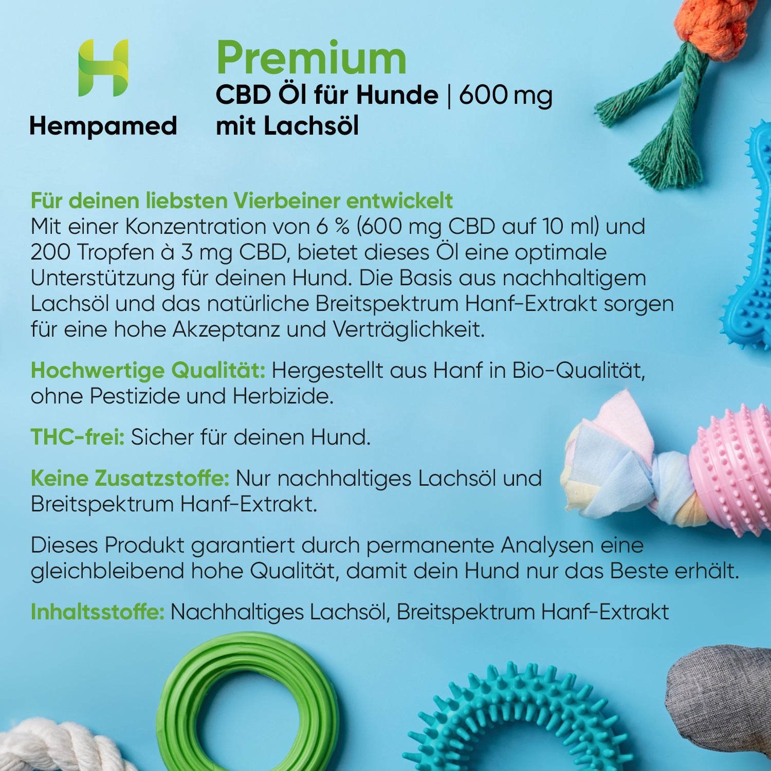Infografik: Inhaltsstoffe Hempamed CBD Öl für Hunde mit Lachs, detaillierte Produktzusammensetzung.