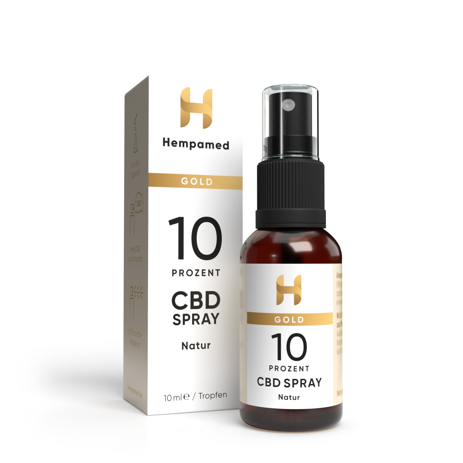 Verpackung: Hempamed Gold CBD Mundspray 10%, Produktbox und Sprühflasche im Detail.