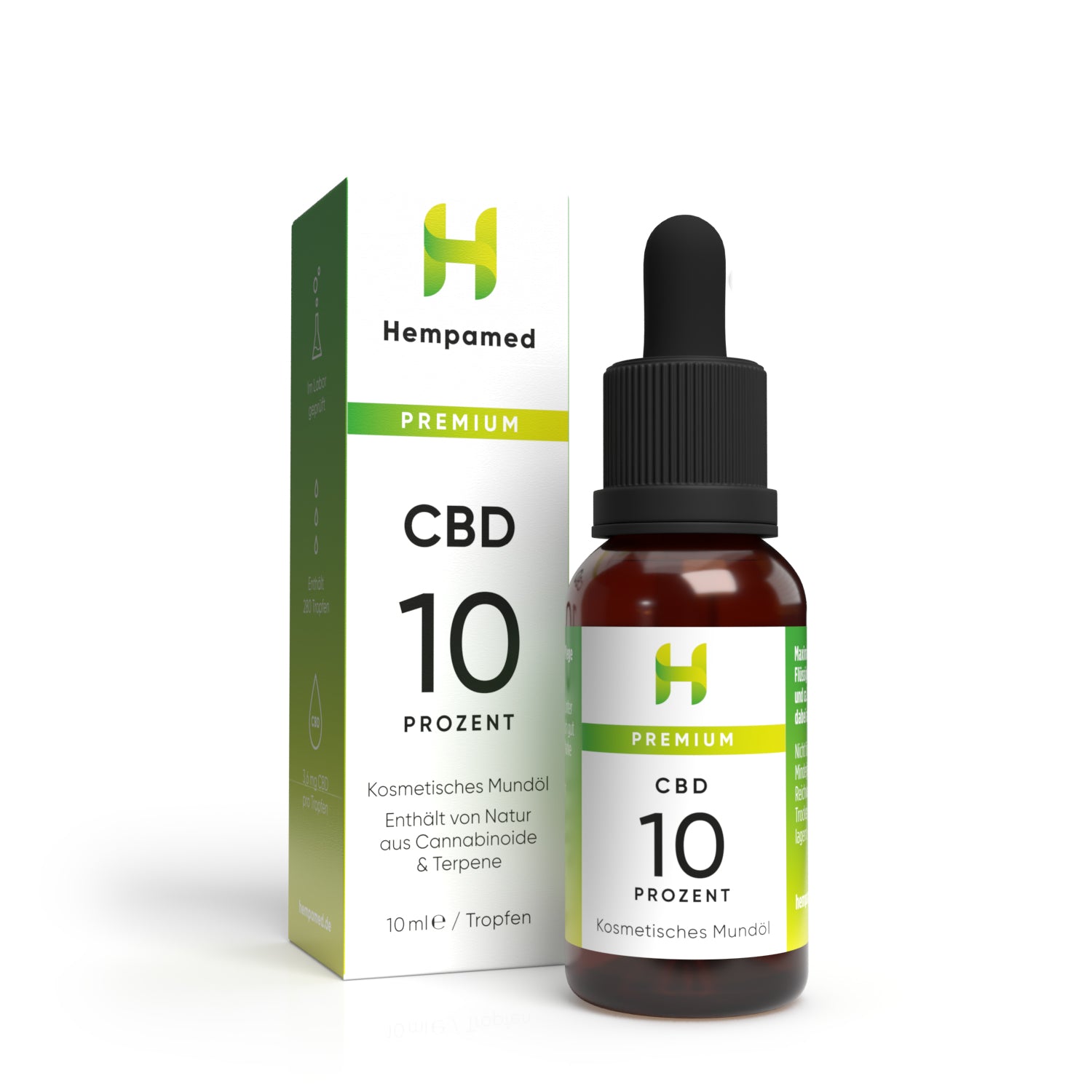 Verpackung: Hempamed Premium CBD Öl 10%, Produktbox und Flasche im Fokus.