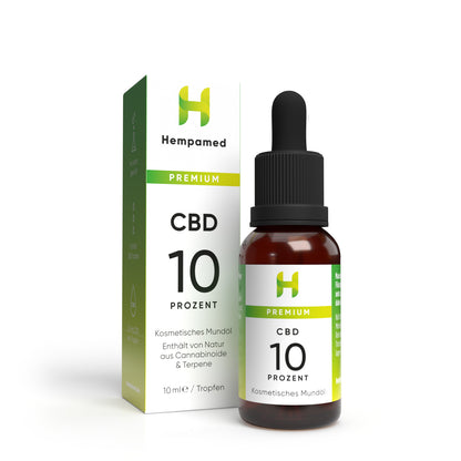 Verpackung: Hempamed Premium CBD Öl 10%, Produktbox und Flasche im Fokus.