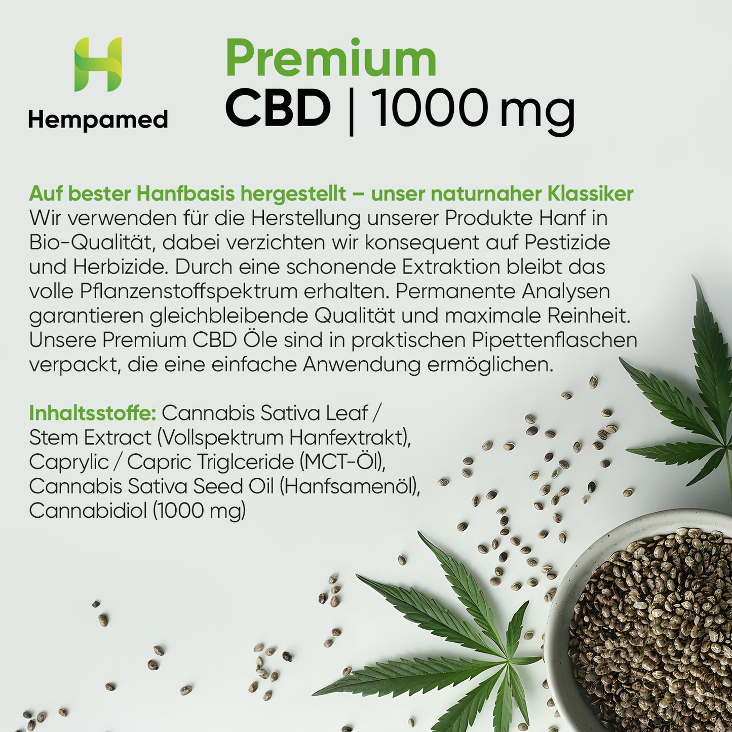Infografik: Inhaltsstoffe des Hempamed Premium CBD Öls 10%, detaillierte Zusammensetzung des Produkts.