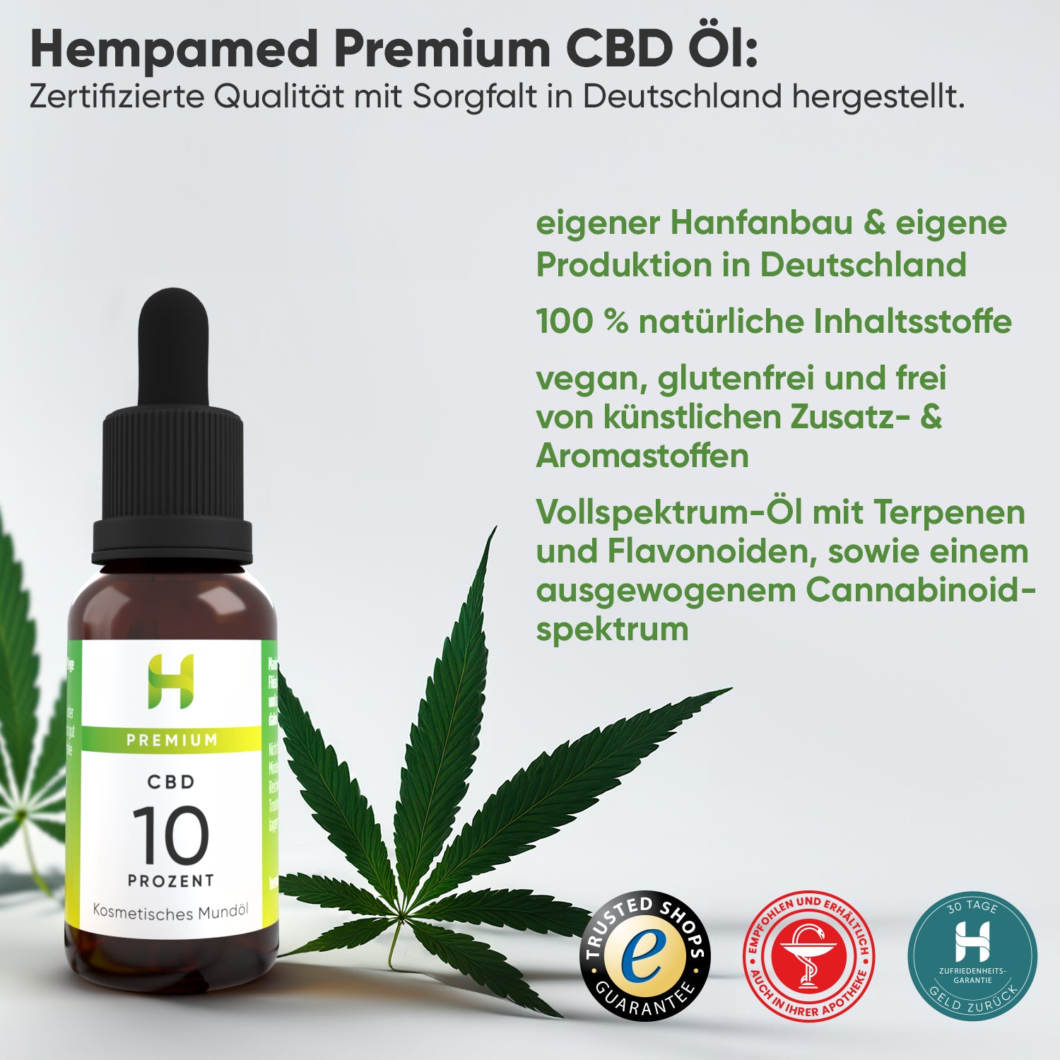 Grafik: Vorteile des Hempamed Premium CBD Öls 10%, Übersicht der Anwendung und positiven Eigenschaften.