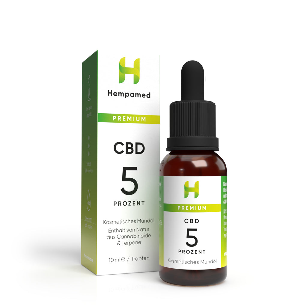 Verpackung: Hempamed Premium CBD Öl 5%, Produktbox und Flasche im Fokus.