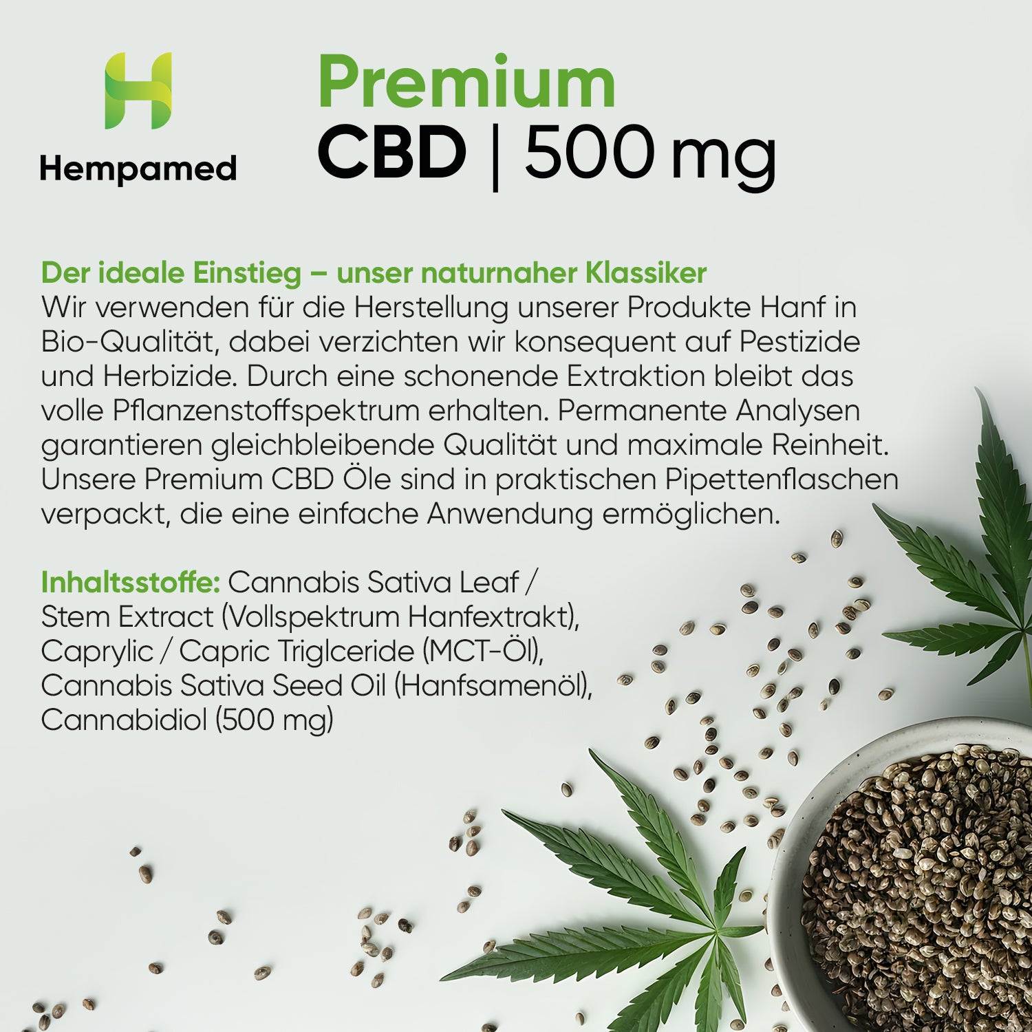 Infografik: Inhaltsstoffe des Hempamed Premium CBD Öls 5% (30ml), detaillierte Produktzusammensetzung.