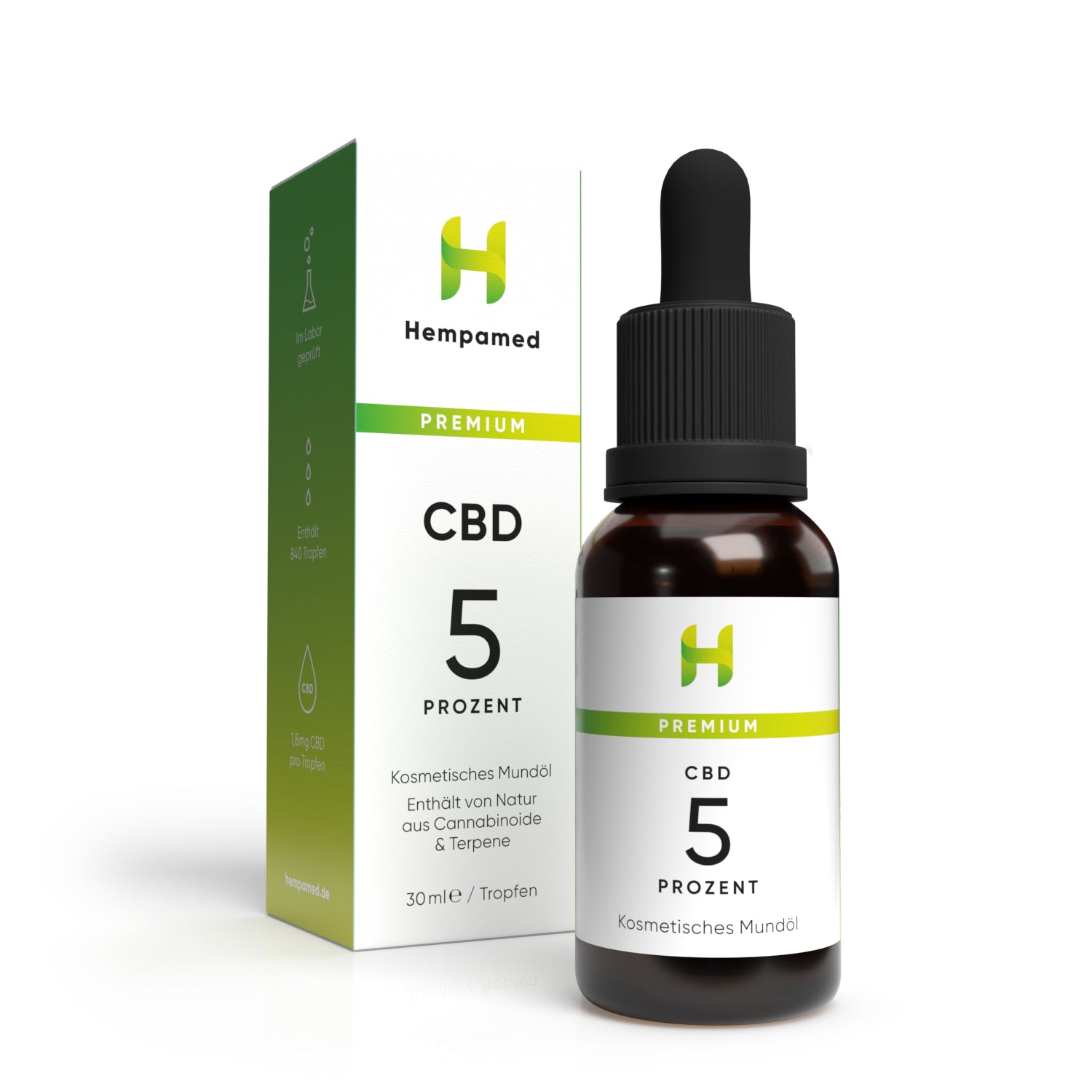 Verpackung: Hempamed Premium CBD Öl 5% (30ml), Produktbox und Flasche im Detail.